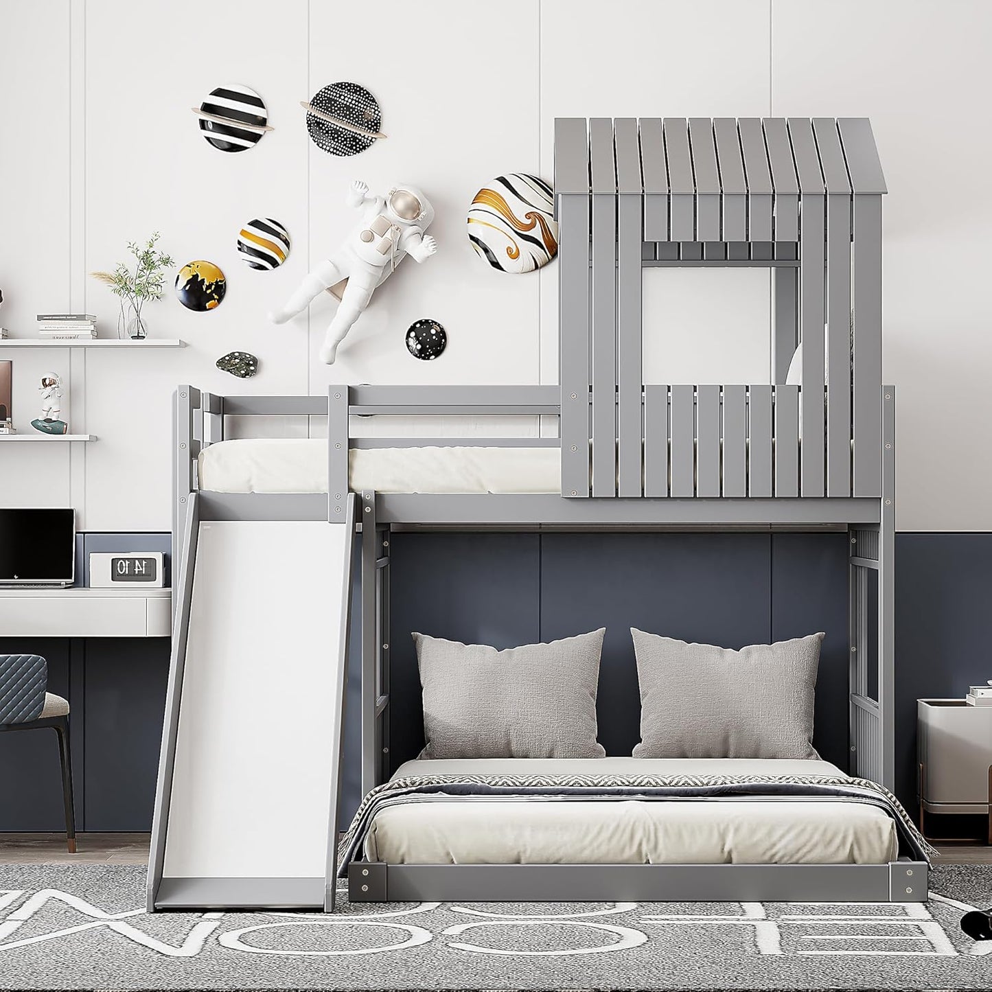 House Bunk Beds Twin over Full Size, Wood Bunk Beds with Roof and Window (Grey, Twin over Full (With Slide))