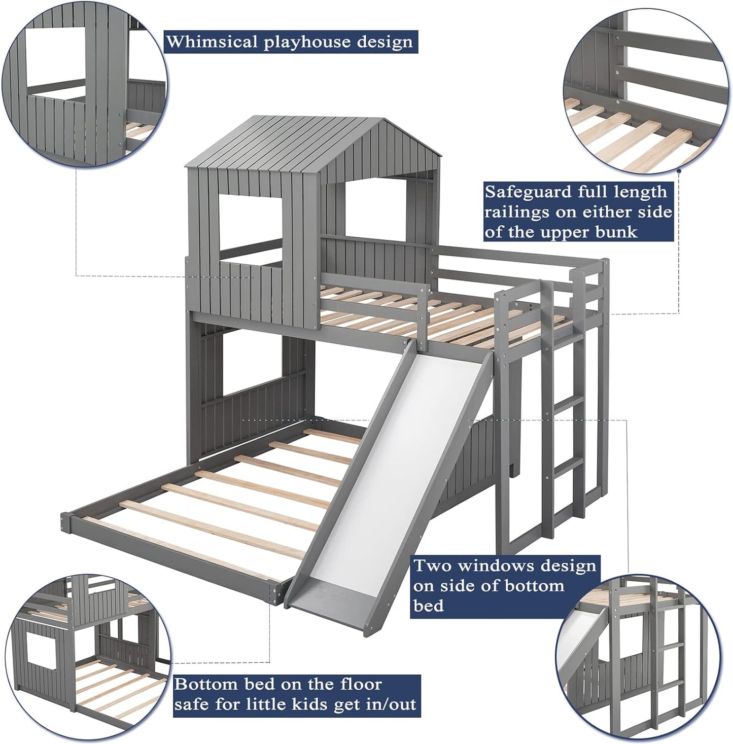 House Bunk Beds Twin over Full Size, Wood Bunk Beds with Roof and Window (Grey, Twin over Full (With Slide))