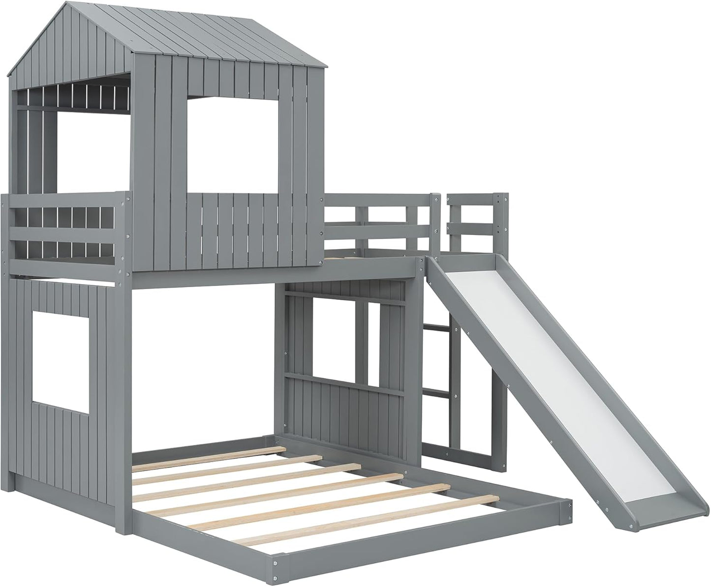 House Bunk Beds Twin over Full Size, Wood Bunk Beds with Roof and Window (Grey, Twin over Full (With Slide))