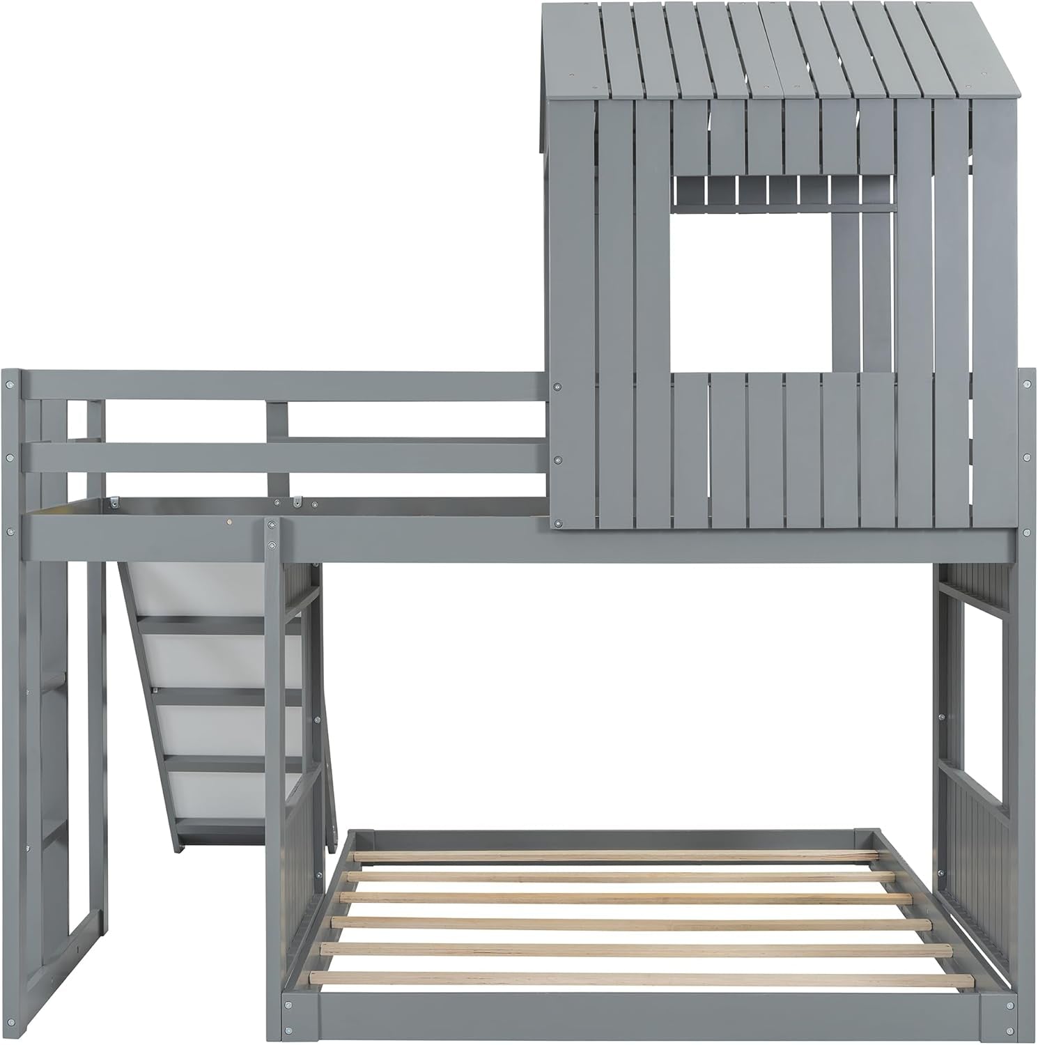 House Bunk Beds Twin over Full Size, Wood Bunk Beds with Roof and Window (Grey, Twin over Full (With Slide))