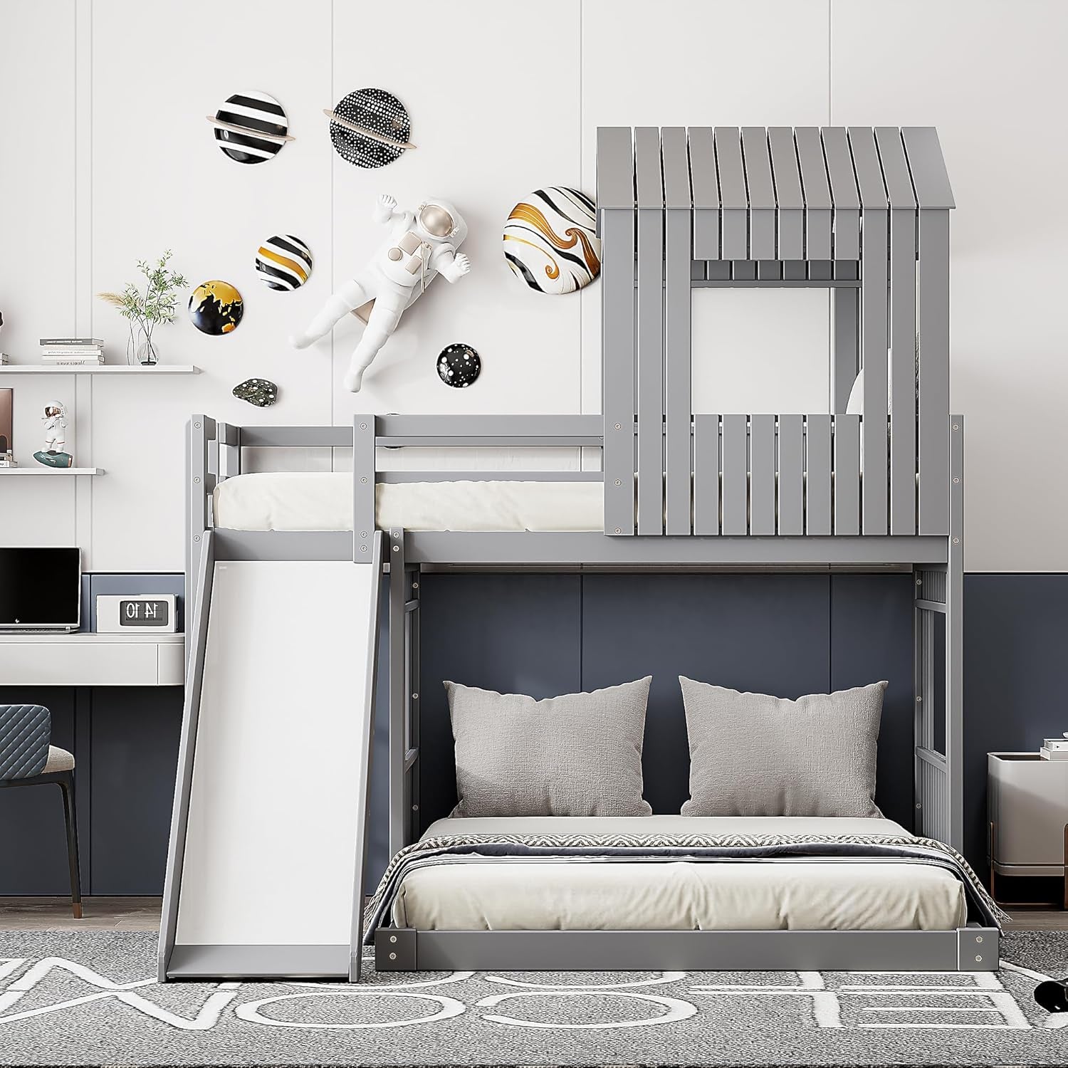 House Bunk Beds Twin over Full Size, Wood Bunk Beds with Roof and Window (Grey, Twin over Full (With Slide))
