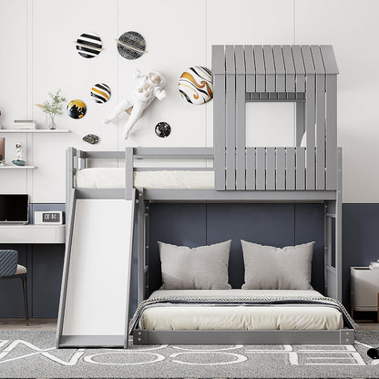 House Bunk Beds Twin over Full Size, Wood Bunk Beds with Roof and Window (Grey, Twin over Full (With Slide))