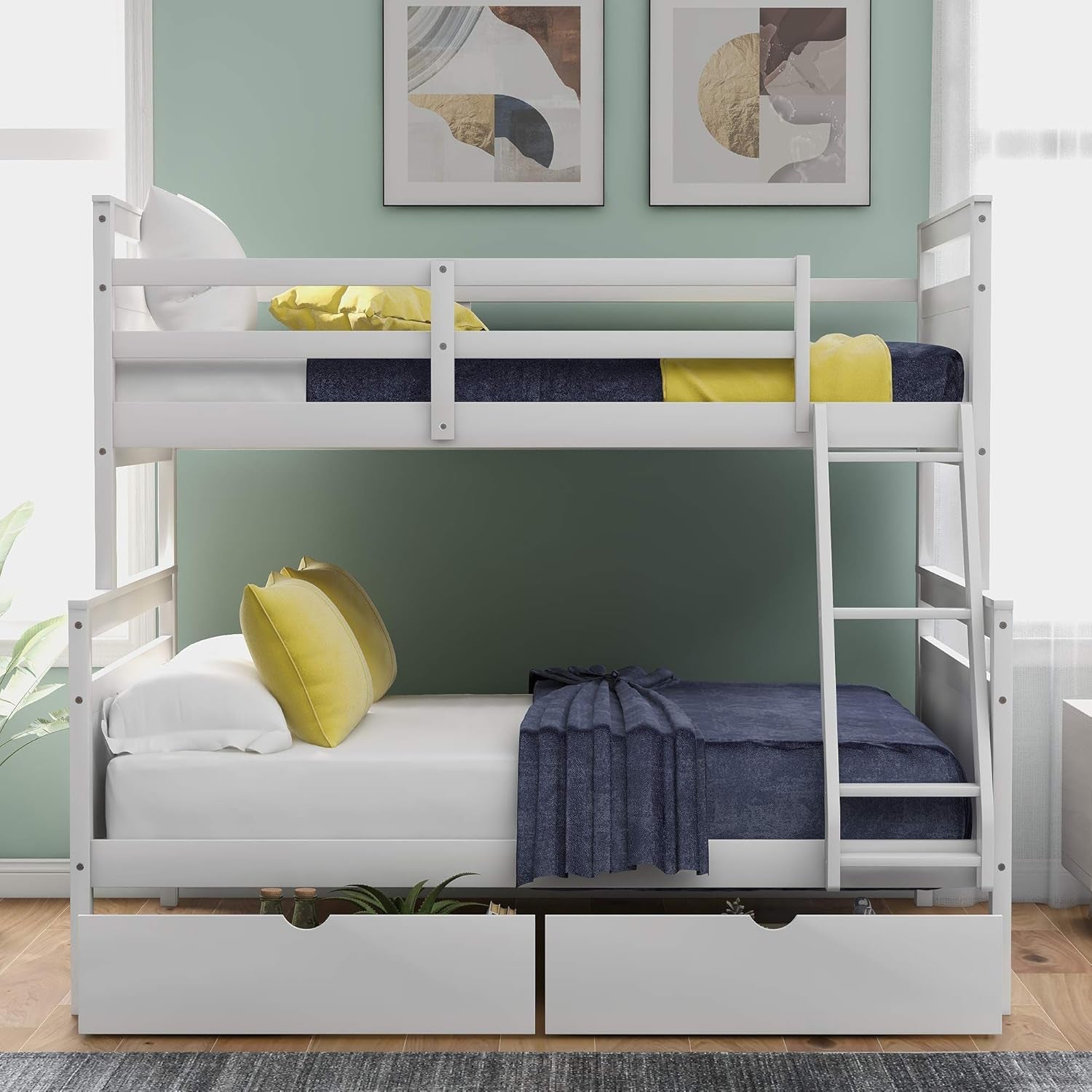 Twin over Full Bunk Bed with Two Storage Drawer,Solid Wood Bed Frame for Kids,No Box Spring Needed with Guardrails and Ladder,Convertible to 2 Separated Beds