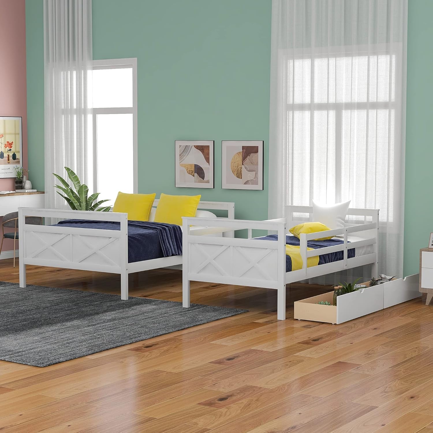 Twin over Full Bunk Bed with Two Storage Drawer,Solid Wood Bed Frame for Kids,No Box Spring Needed with Guardrails and Ladder,Convertible to 2 Separated Beds