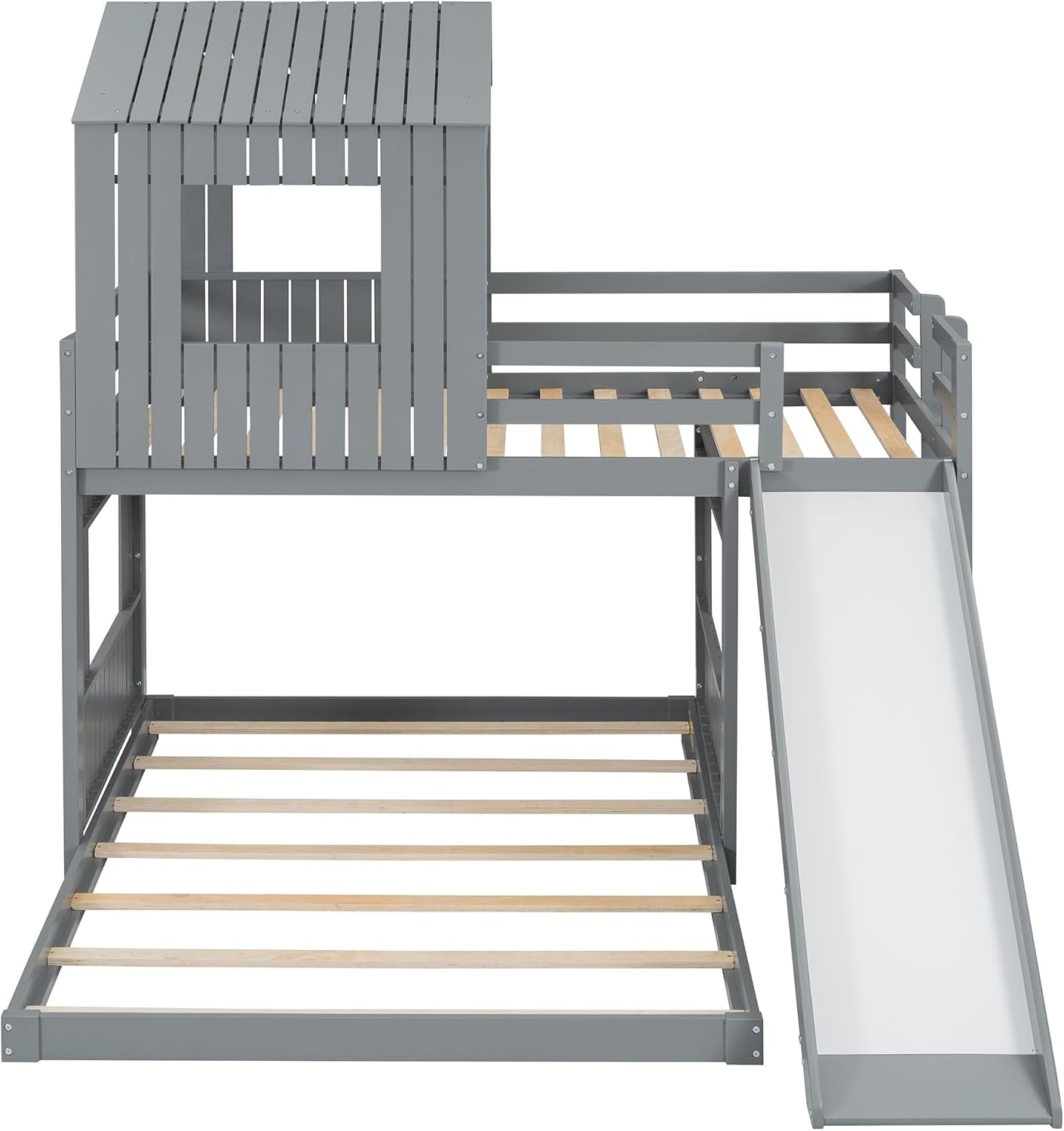 House Bunk Beds Twin over Full Size, Wood Bunk Beds with Roof and Window (Grey, Twin over Full (With Slide))