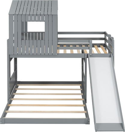 House Bunk Beds Twin over Full Size, Wood Bunk Beds with Roof and Window (Grey, Twin over Full (With Slide))