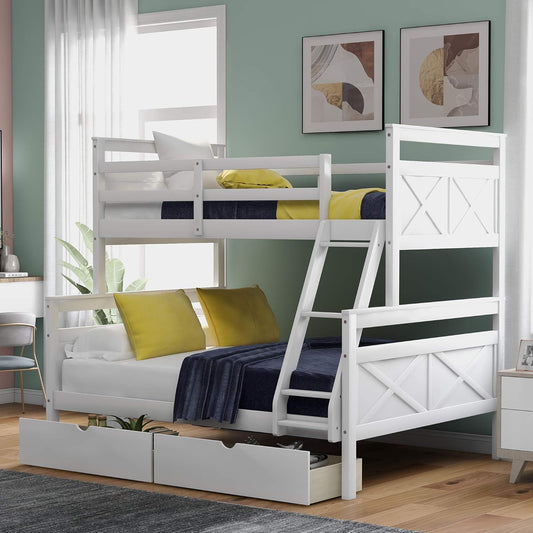 Twin over Full Bunk Bed with Two Storage Drawer,Solid Wood Bed Frame for Kids,No Box Spring Needed with Guardrails and Ladder,Convertible to 2 Separated Beds