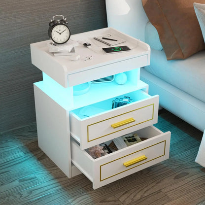 Modern Bedside Table with 2 Drawers Drawer Bedside Table with Charging Station and LED Light Bedroom Furniture Pull-Out Shelves