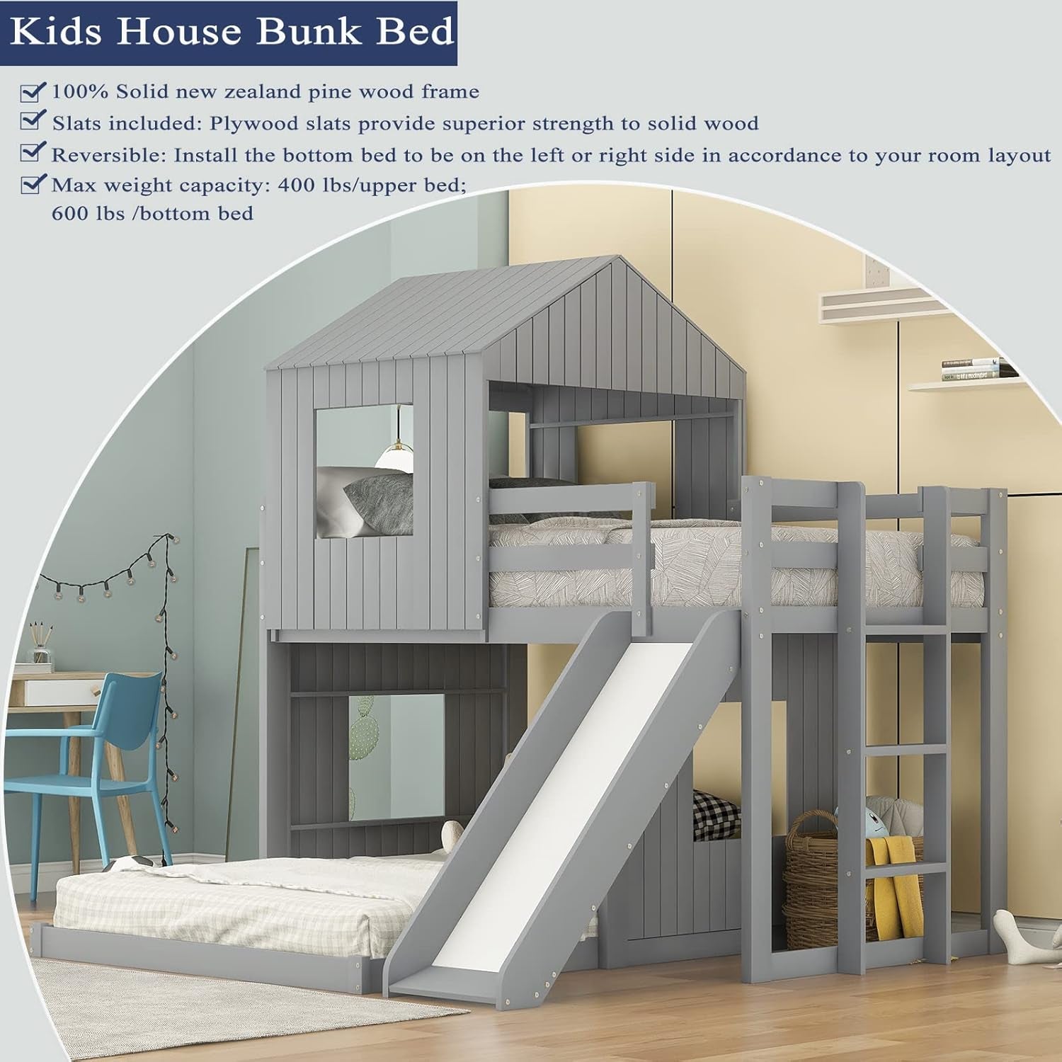 House Bunk Beds Twin over Full Size, Wood Bunk Beds with Roof and Window (Grey, Twin over Full (With Slide))