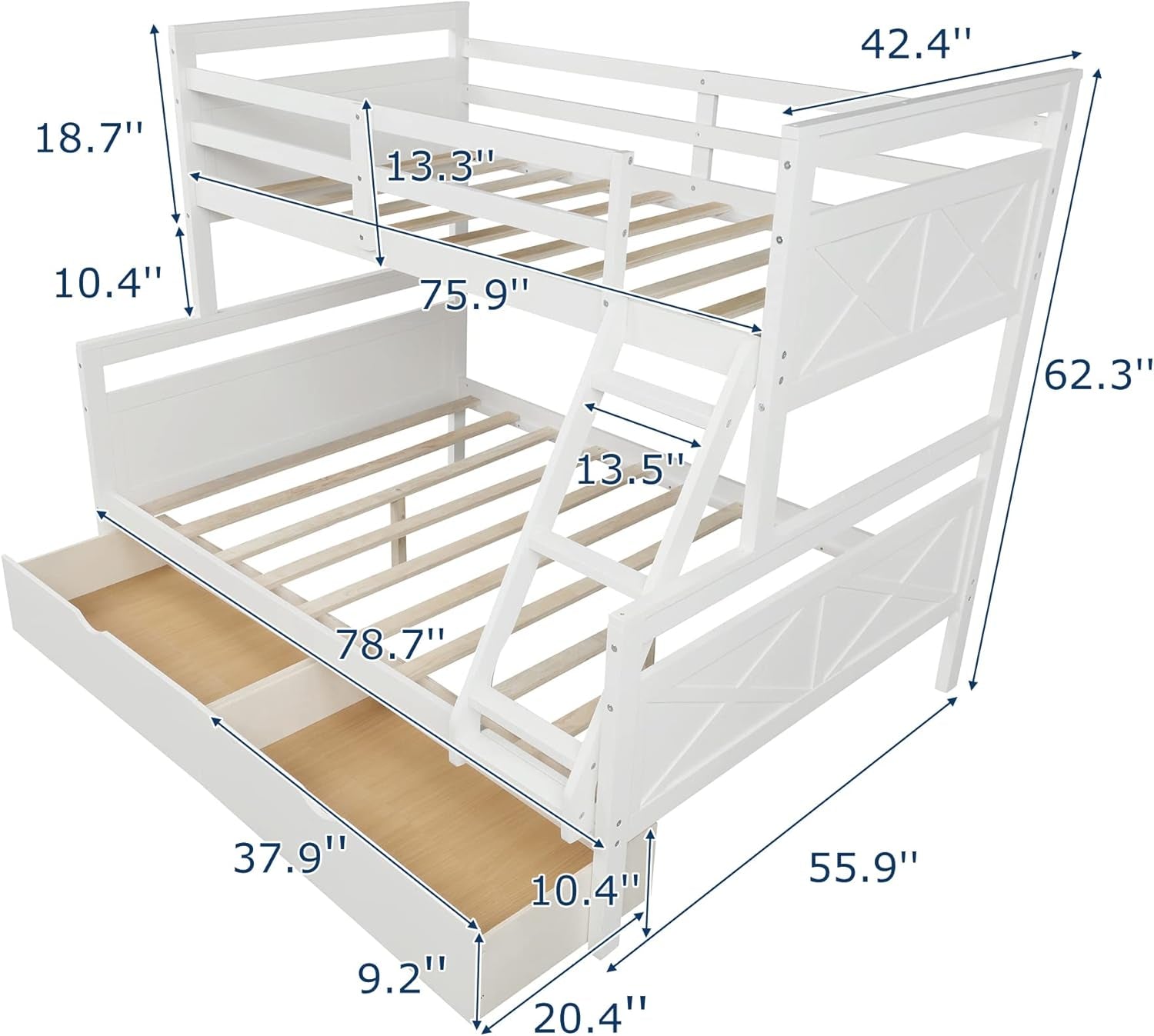Twin over Full Bunk Bed with Two Storage Drawer,Solid Wood Bed Frame for Kids,No Box Spring Needed with Guardrails and Ladder,Convertible to 2 Separated Beds