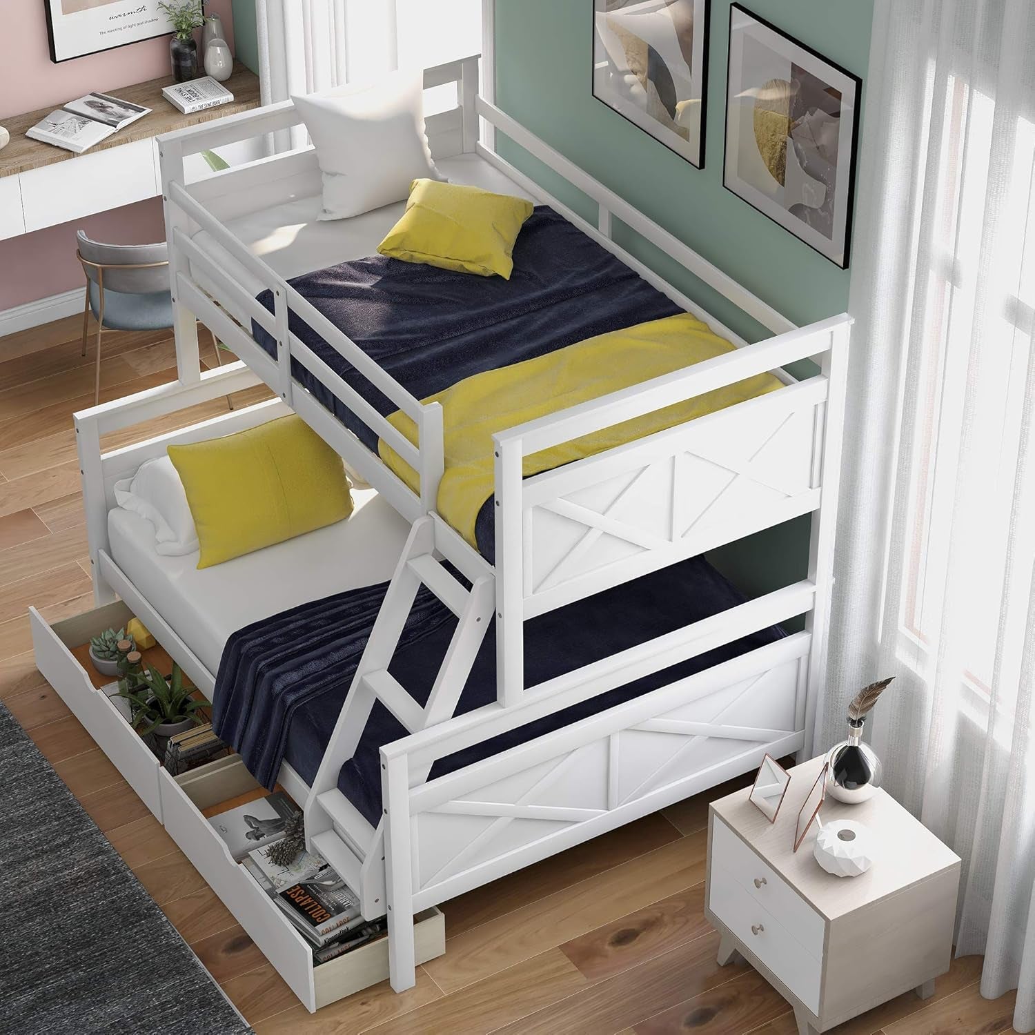 Twin over Full Bunk Bed with Two Storage Drawer,Solid Wood Bed Frame for Kids,No Box Spring Needed with Guardrails and Ladder,Convertible to 2 Separated Beds