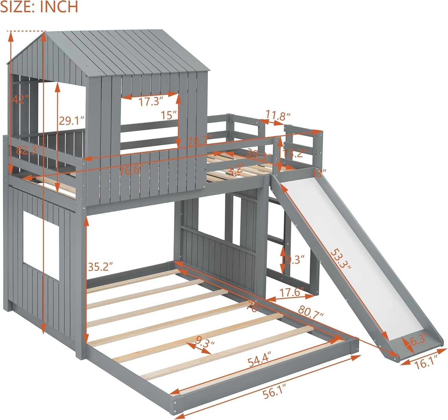 House Bunk Beds Twin over Full Size, Wood Bunk Beds with Roof and Window (Grey, Twin over Full (With Slide))