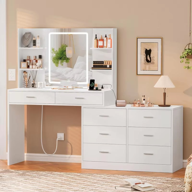 65.9'' Vanity Desk with LED Lighted Mirror;Power Outlet,Modern Corner Makeup Vanity Table 8 Drawers; Open Shelve, Dressing Table