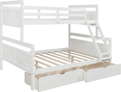 Twin over Full Bunk Bed with Two Storage Drawer,Solid Wood Bed Frame for Kids,No Box Spring Needed with Guardrails and Ladder,Convertible to 2 Separated Beds