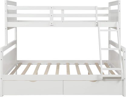 Twin over Full Bunk Bed with Two Storage Drawer,Solid Wood Bed Frame for Kids,No Box Spring Needed with Guardrails and Ladder,Convertible to 2 Separated Beds