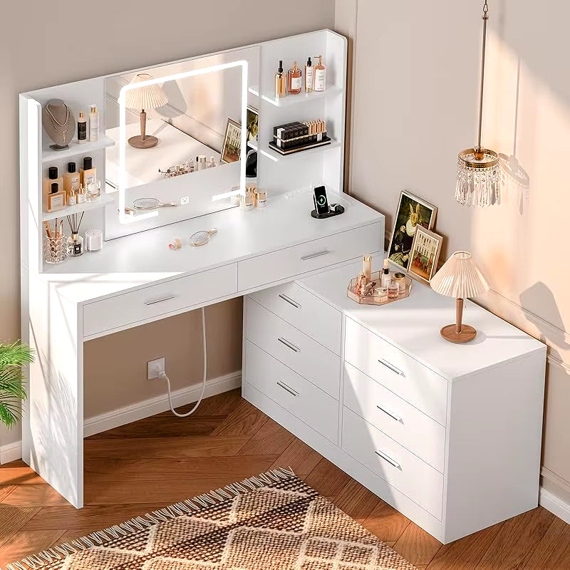 65.9'' Vanity Desk with LED Lighted Mirror;Power Outlet,Modern Corner Makeup Vanity Table 8 Drawers; Open Shelve, Dressing Table